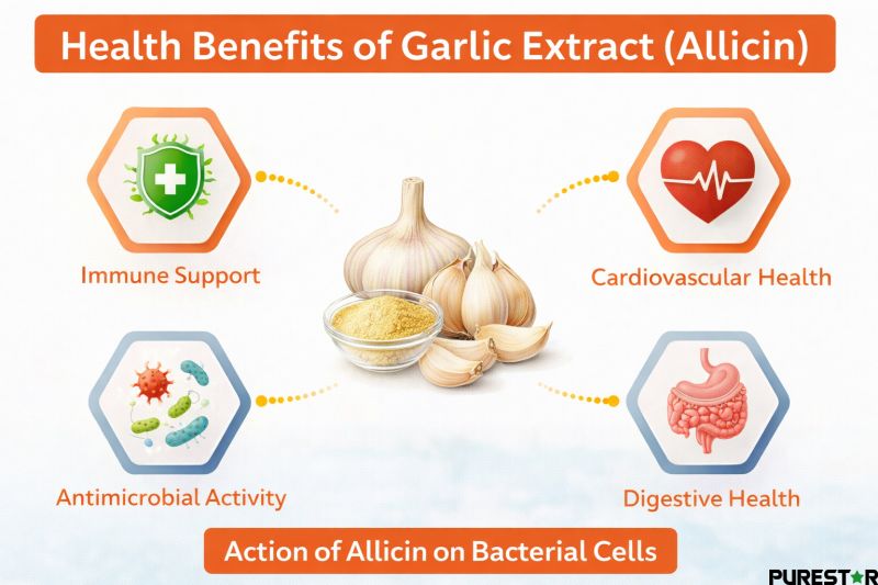 Infographic illustrating health benefits of Garlic Extract Allicin including immune support, antimicrobial activity, cardiovascular health and digestive system support in dietary supplement formulations.