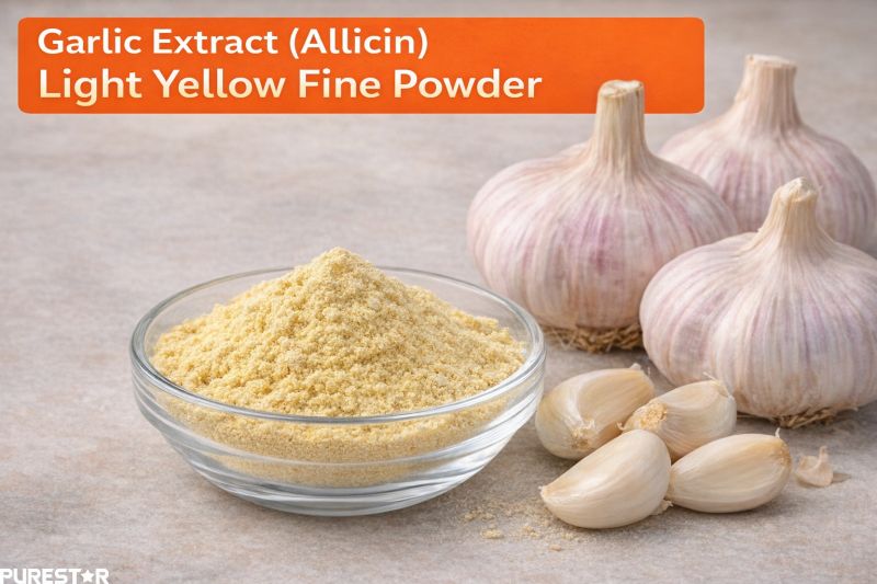 Light yellow fine powder of Garlic Extract Allicin derived from Allium sativa, standardized botanical extract used in nutraceutical supplements, feed additives and functional food formulations.