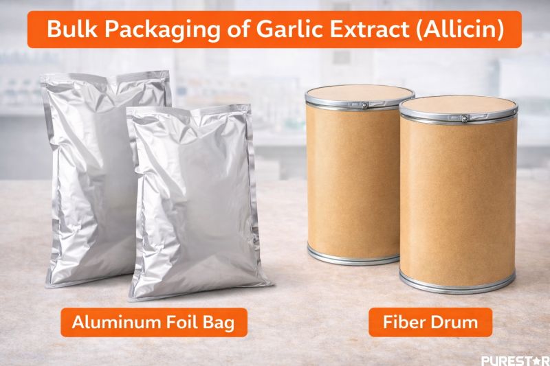 Bulk packaging options for Garlic Extract Allicin including aluminum foil bags and fiber drums used for international export supply of botanical extract powder for food and supplement manufacturers.