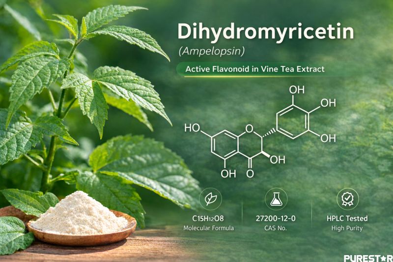 Dihydromyricetin molecular structure diagram displayed over fresh vine tea leaves background, illustrating the chemical structure of Dihydromyricetin (DMY) extracted from Ampelopsis grossedentata vine tea plant.