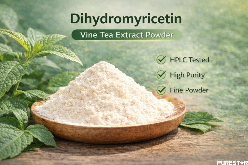 High purity Vine Tea Extract Dihydromyricetin powder displayed in a wooden bowl with fresh vine tea leaves, showing the off-white to light yellow fine powder appearance of standardized botanical extract.