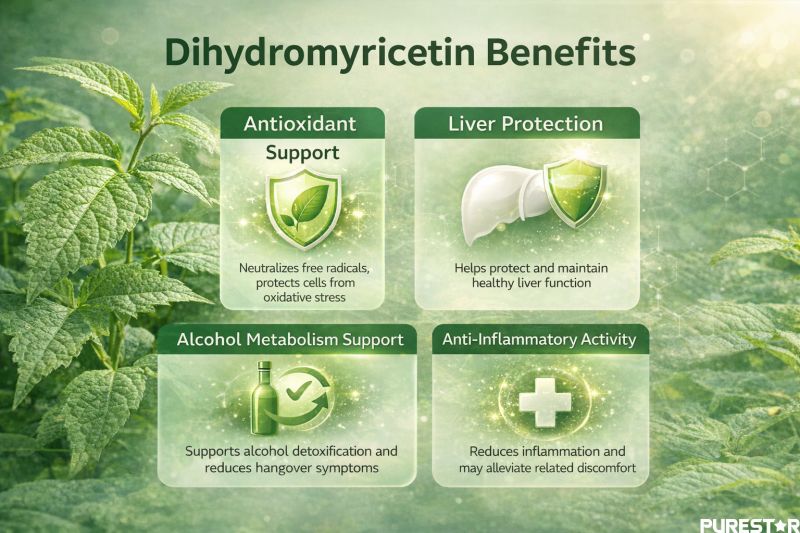 Dihydromyricetin benefits infographic showing antioxidant support, liver protection, alcohol metabolism support, and anti-inflammatory activity of Vine Tea Extract Dihydromyricetin.