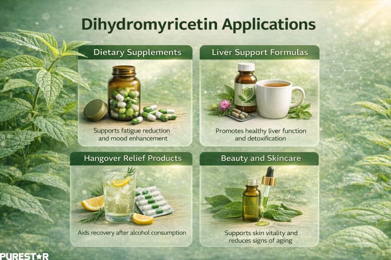 Dihydromyricetin application infographic illustrating major uses of Vine Tea Extract in dietary supplements, liver support products, hangover recovery formulations, and cosmetic skincare applications.