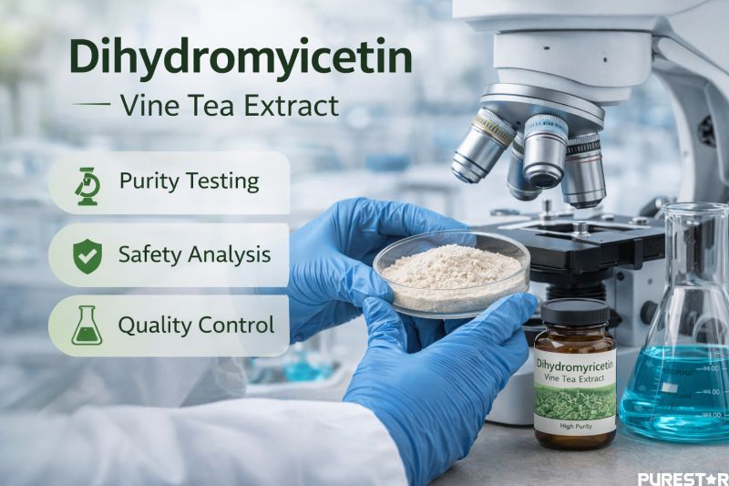 Laboratory quality testing of Vine Tea Extract Dihydromyricetin showing analytical testing environment used for HPLC purity analysis, safety evaluation, and quality control of botanical extracts.