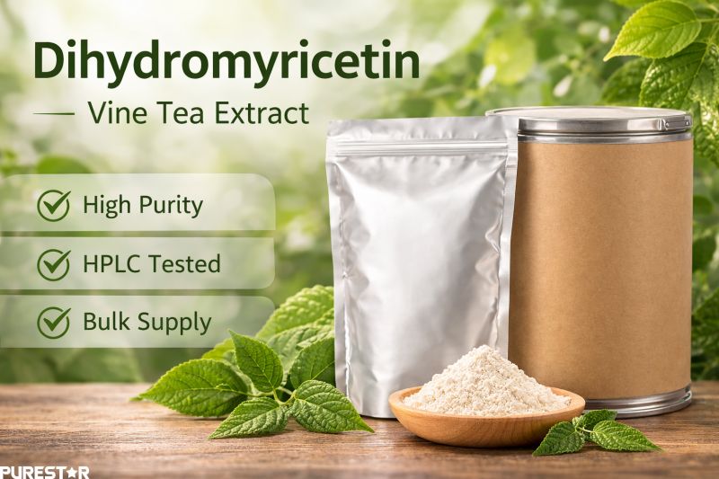 Bulk packaging of Vine Tea Extract Dihydromyricetin including aluminum foil bag and fiber drum, commonly used for international bulk supply and export packaging.