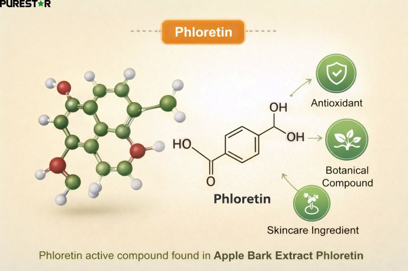 Phloretin active compound infographic showing the key molecule in Apple Bark Extract Phloretin