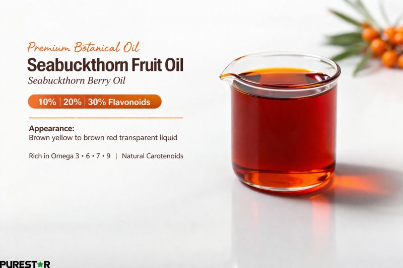 Seabuckthorn Fruit Oil appearance image showing brown yellow to brown red transparent liquid in glass container, highlighting real oil color and quality