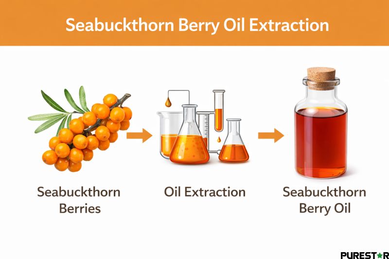 Seabuckthorn Berry Oil extraction process diagram from seabuckthorn berries to oil extraction and final oil product, illustrating production flow