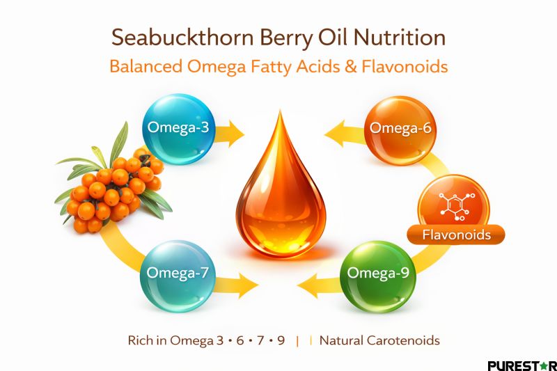 Seabuckthorn Berry Oil nutrition infographic showing Omega 3, 6, 7, 9 fatty acids and flavonoids composition with central oil droplet