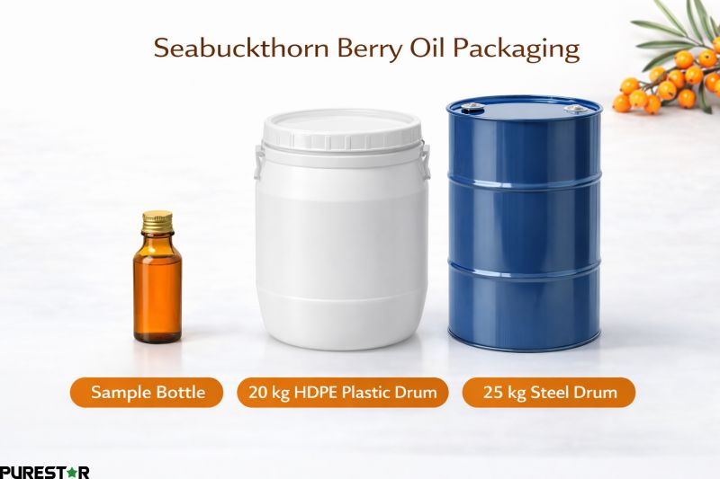 Seabuckthorn Fruit Oil packaging options showing sample glass bottle, 20 kg HDPE plastic drum, and 25 kg steel drum for bulk supply and B2B distribution