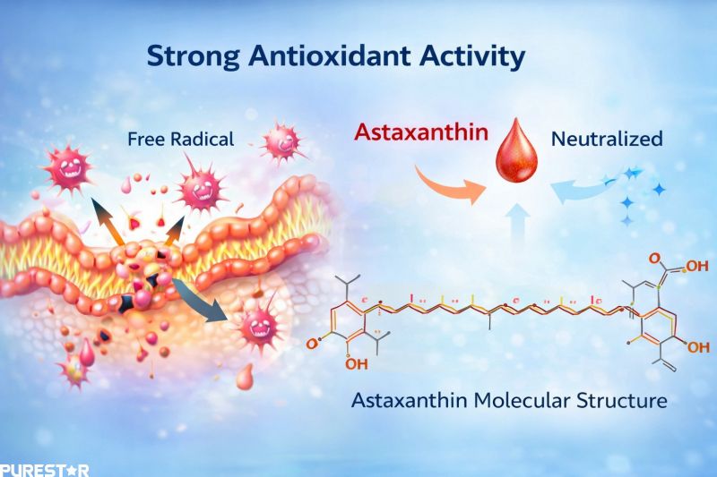 Astaxanthin oil strong antioxidant activity mechanism showing free radical neutralization and molecular structure