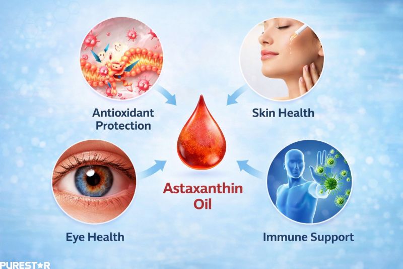 Astaxanthin oil benefits for skin health eye health antioxidant protection and immune support illustration