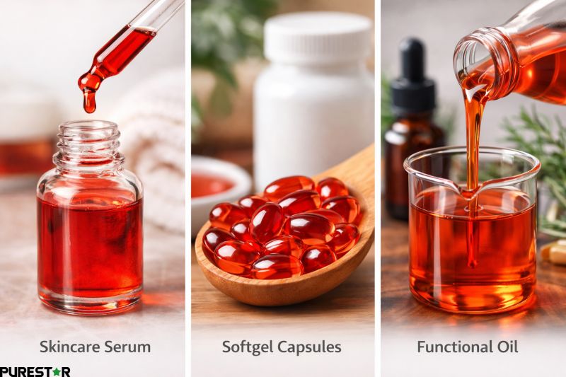 Astaxanthin oil applications in skincare serum softgel capsules and functional oil formulations for nutraceutical use