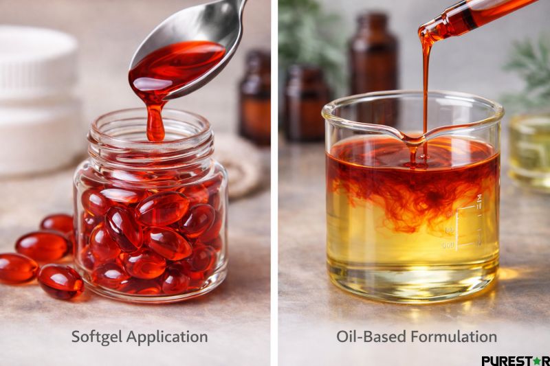 Astaxanthin oil used in softgel application and oil-based formulation blending with carrier oils in laboratory setting