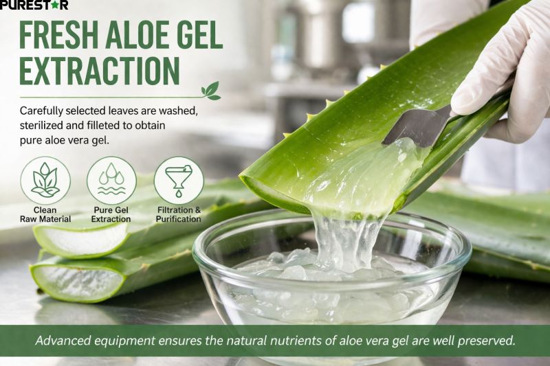 Fresh aloe vera gel extraction process from aloe vera leaves showing natural raw material for aloe vera powder production
