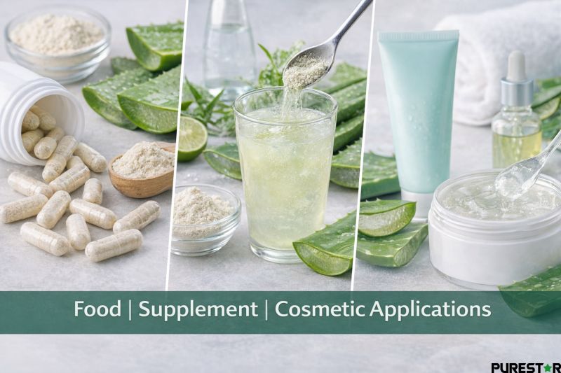Aloe vera powder applications in food supplement and cosmetic products including capsules drinks and skincare formulations
