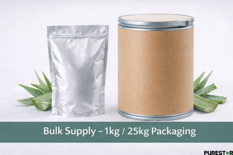 Aloe vera powder bulk packaging with 1kg aluminum foil bag and 25kg fiber drum for wholesale aloe vera powder supply