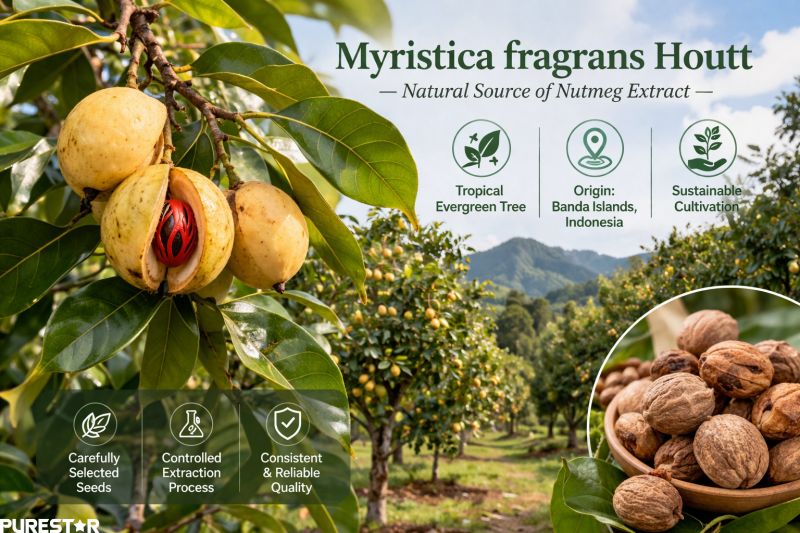 Myristica fragrans tree with fresh nutmeg fruit growing in tropical plantation environment for nutmeg extract production