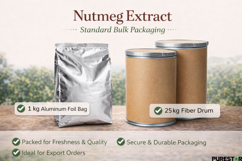 Nutmeg extract bulk packaging 1 kg aluminum foil bag and 25 kg fiber drum for global supply and export