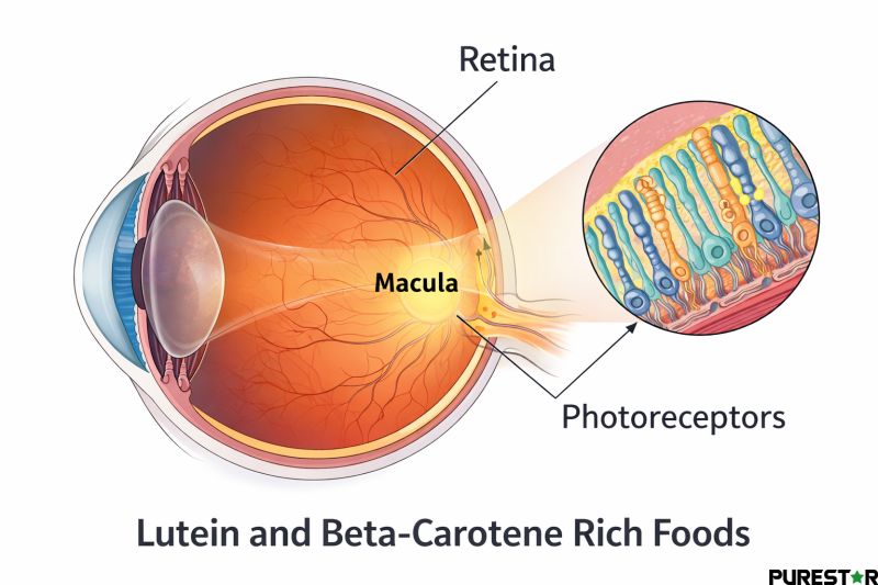 Human eye structure diagram showing retina, macula and photoreceptors highlighting where lutein accumulates to support vision health