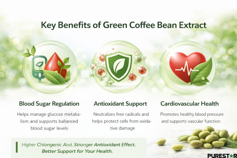 Green coffee bean extract benefits including antioxidant support blood sugar balance and cardiovascular health illustration