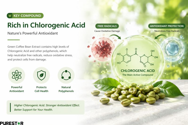 Green coffee bean extract chlorogenic acid content comparison infographic highlighting different standardized specifications