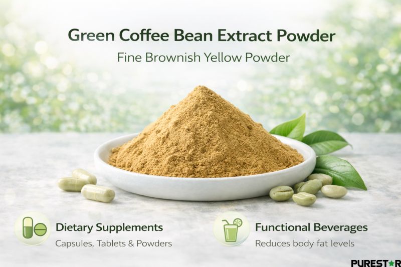 Green coffee bean extract powder appearance light brownish yellow fine powder with green coffee beans background