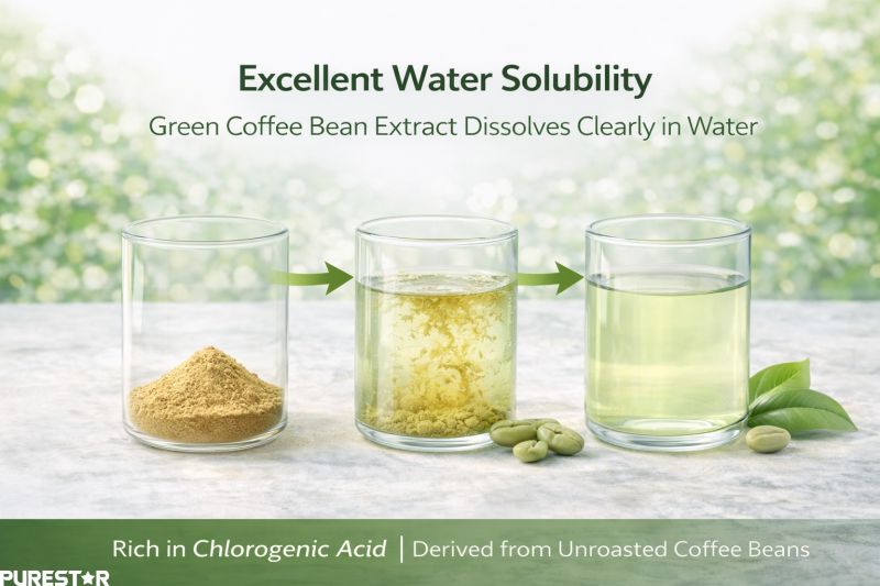 Green coffee bean extract water solubility process showing powder dissolving into clear solution