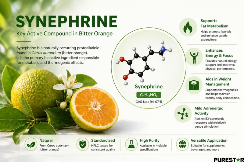 Synephrine active compound concept with key ingredient visualization and standardized purity information