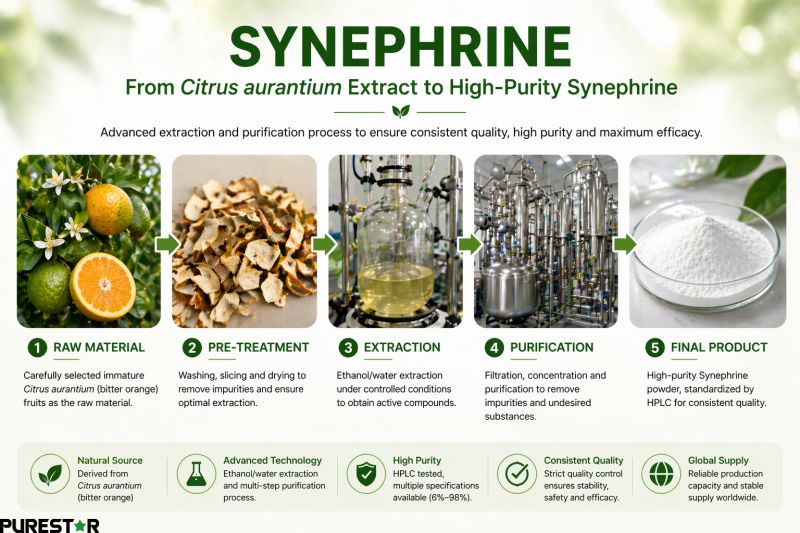 Synephrine extraction process from Citrus aurantium peel to high purity powder with step-by-step production flow