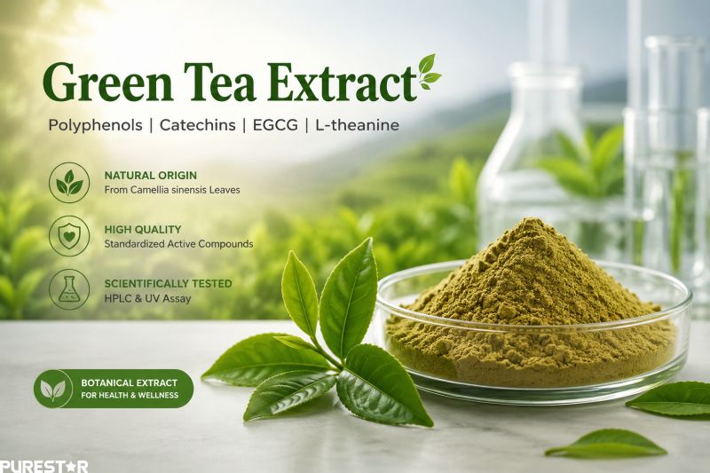 Green Tea Extract powder with tea polyphenols EGCG catechins and L-theanine from Camellia sinensis leaves for nutraceutical beverage and cosmetic applications