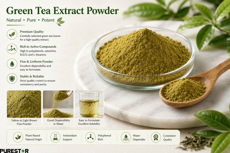 Green Tea Extract powder close-up showing yellow brown fine powder with EGCG catechins tea polyphenols and water dispersibility properties