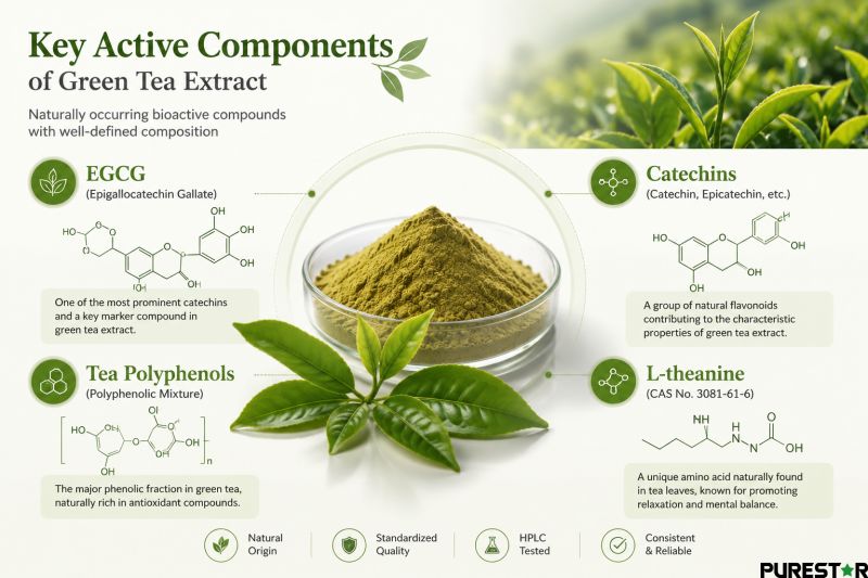 Green Tea Extract active ingredients infographic showing EGCG catechins tea polyphenols and L-theanine standardized botanical extract powder