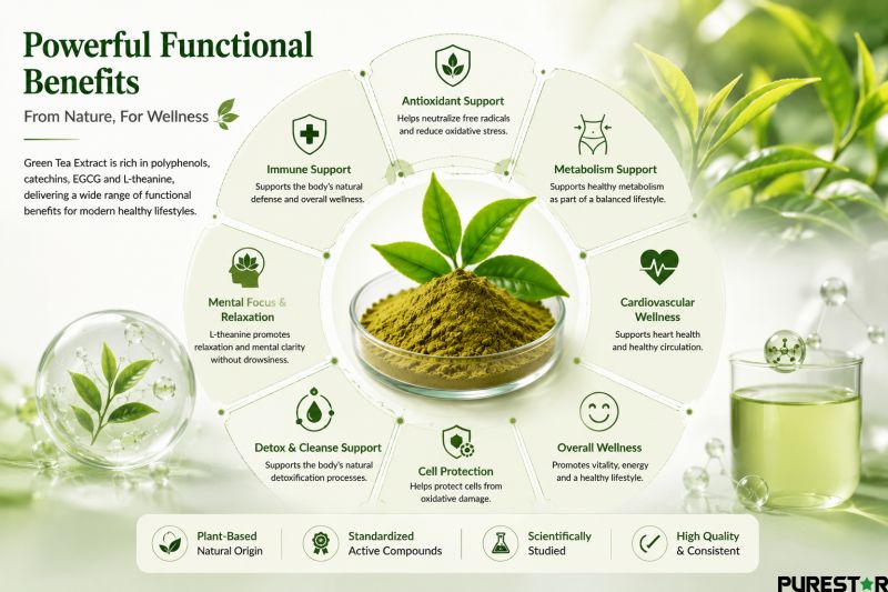 Green Tea Extract functional benefits infographic featuring antioxidant support metabolism wellness cell protection and L-theanine botanical extract