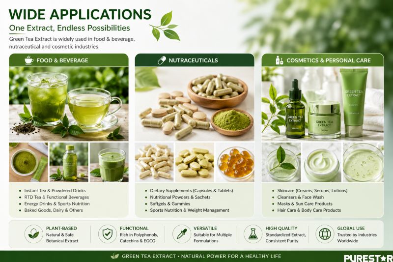Green Tea Extract applications in beverage nutraceutical dietary supplement capsules tablets skincare cosmetic and functional food formulations