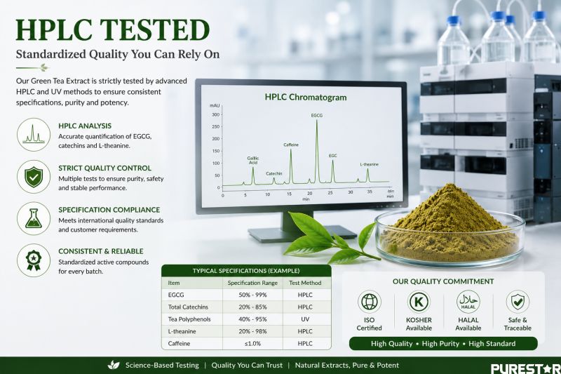 HPLC tested Green Tea Extract quality control infographic showing EGCG catechin tea polyphenol analysis standardized botanical extract testing