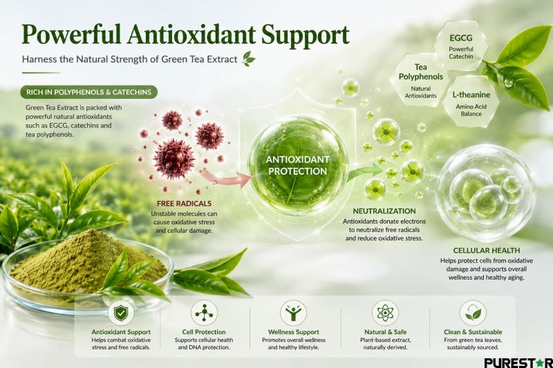 Green Tea Extract antioxidant support concept with tea polyphenols catechins EGCG free radical neutralization and ROS protection infographic