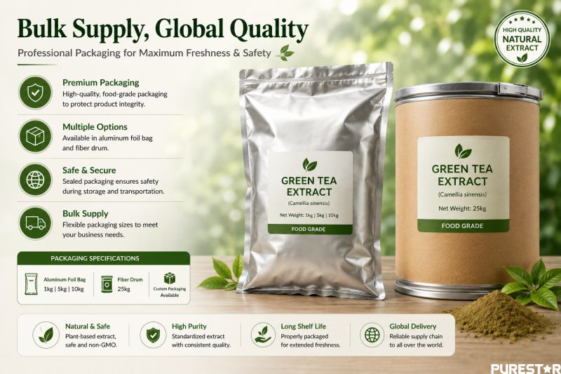 Bulk Green Tea Extract packaging with aluminum foil bag and 25kg fiber drum for global nutraceutical food beverage and cosmetic ingredient supply