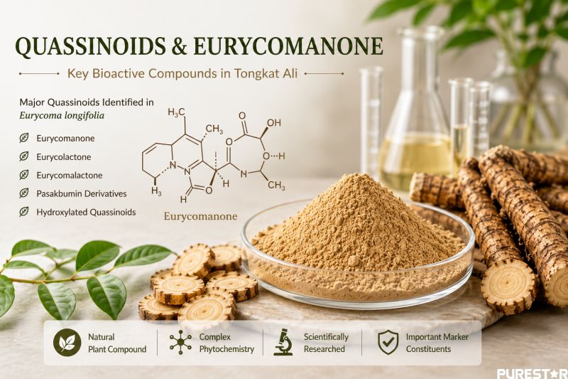 Quassinoids and eurycomanone compounds in Tongkat Ali powder, phytochemical research infographic showing Eurycoma longifolia bioactive compounds, medicinal plant chemistry and botanical extract analysis