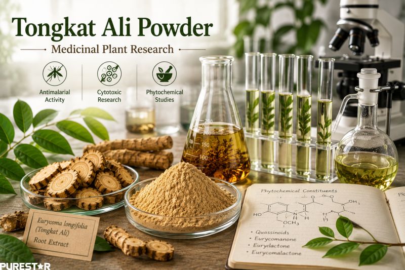 Tongkat Ali powder medicinal plant research laboratory scene with phytochemical extraction equipment, antimalarial activity, cytotoxic research, and pharmacological studies of Eurycoma longifolia