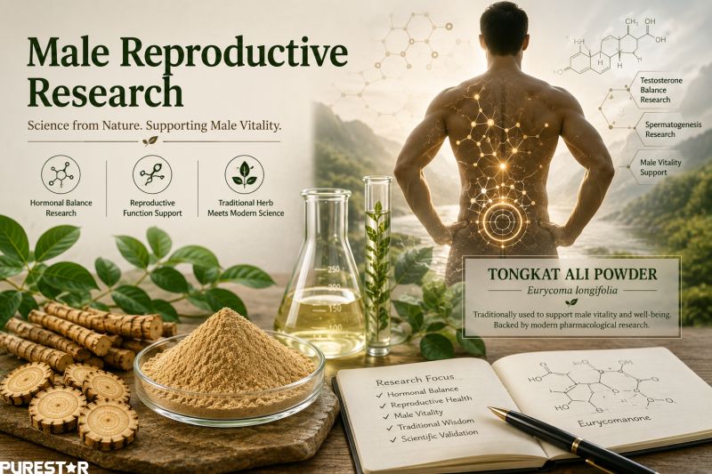 Male reproductive research concept with Tongkat Ali powder, Eurycoma longifolia herbal vitality research, spermatogenesis studies, hormone-related botanical research, and traditional male wellness herb