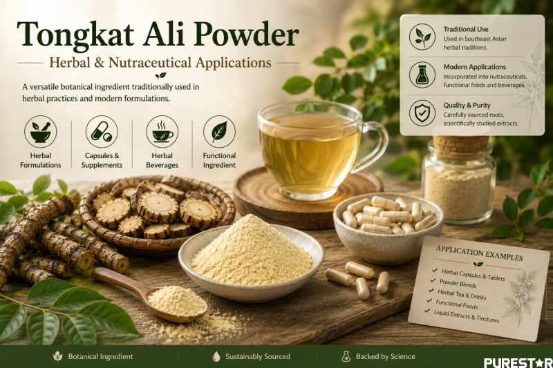 Tongkat Ali powder herbal and nutraceutical applications, Eurycoma longifolia powder used in capsules, herbal beverages, botanical formulations, and functional ingredient applications in Southeast Asian herbal products