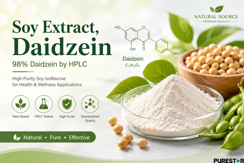 Soy Extract Daidzein 98 percent by HPLC powder with soybean seeds and molecular structure concept for soy isoflavone nutraceutical ingredient bulk supply