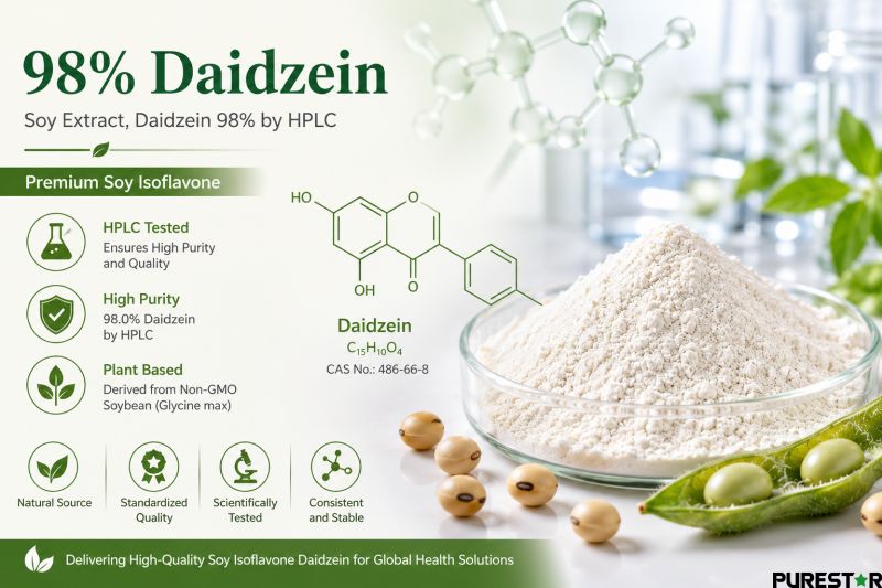 High purity Soy Extract Daidzein 98 percent HPLC tested soy isoflavone powder with daidzein molecular formula and laboratory quality control concept