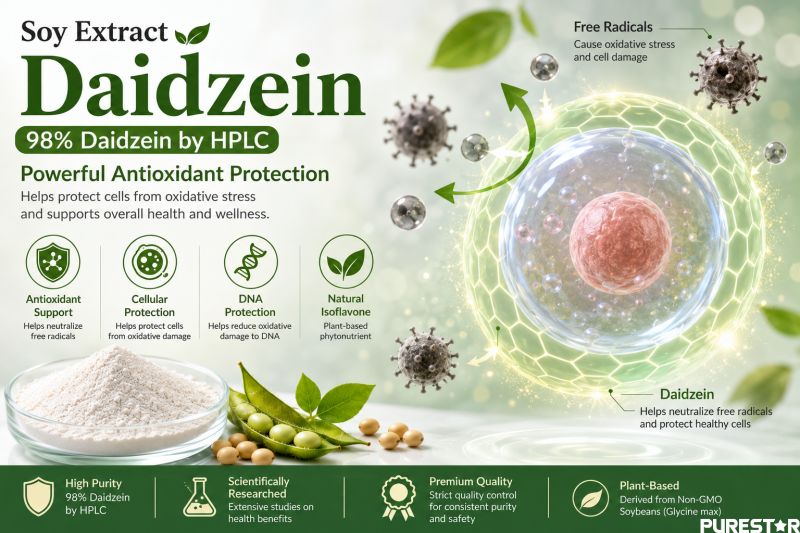 Soy Extract Daidzein antioxidant activity concept showing cellular protection oxidative stress support and soy isoflavone antioxidant nutraceutical ingredient
