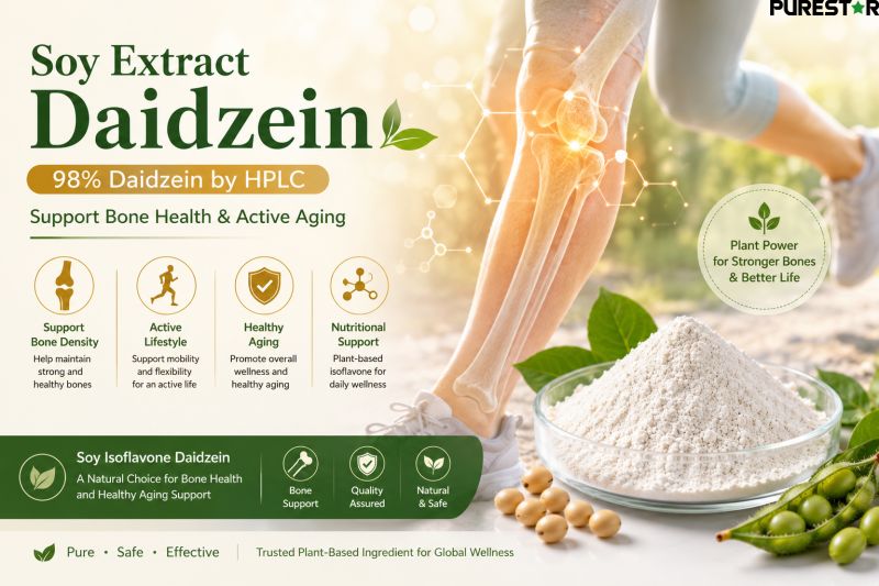 Soy Extract Daidzein bone health and active aging support illustration with soy isoflavone powder for healthy lifestyle and wellness supplement applications