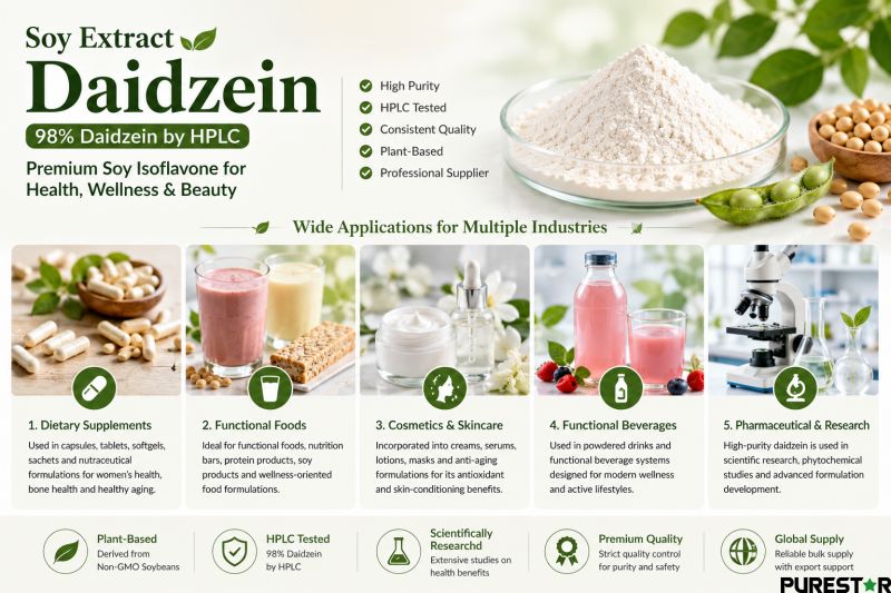 Soy Extract Daidzein applications in dietary supplements functional foods cosmetics beverages and pharmaceutical research with soy isoflavone powder