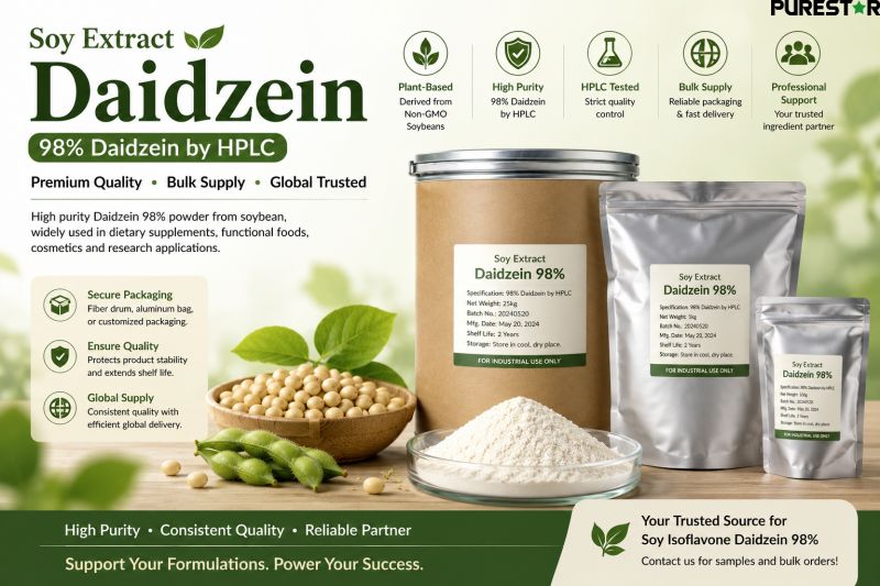 Bulk Soy Extract Daidzein 98 percent packaging with fiber drum aluminum foil bags soybeans and high purity soy isoflavone powder for global supply
