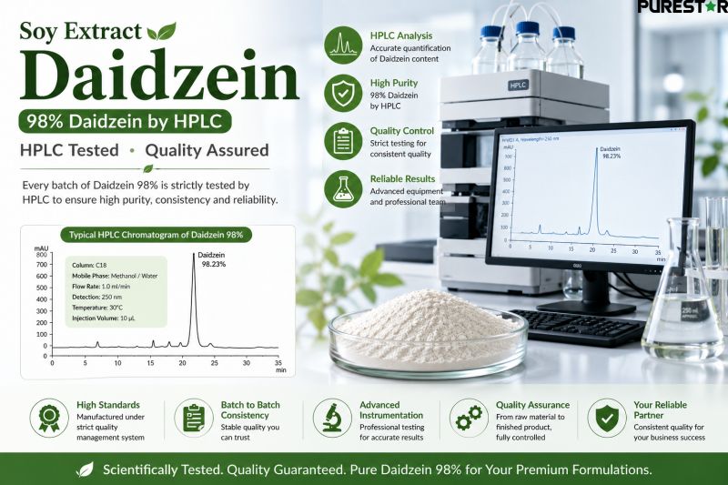 Soy Extract Daidzein HPLC tested quality control laboratory analysis with chromatogram equipment and standardized soy isoflavone ingredient testing