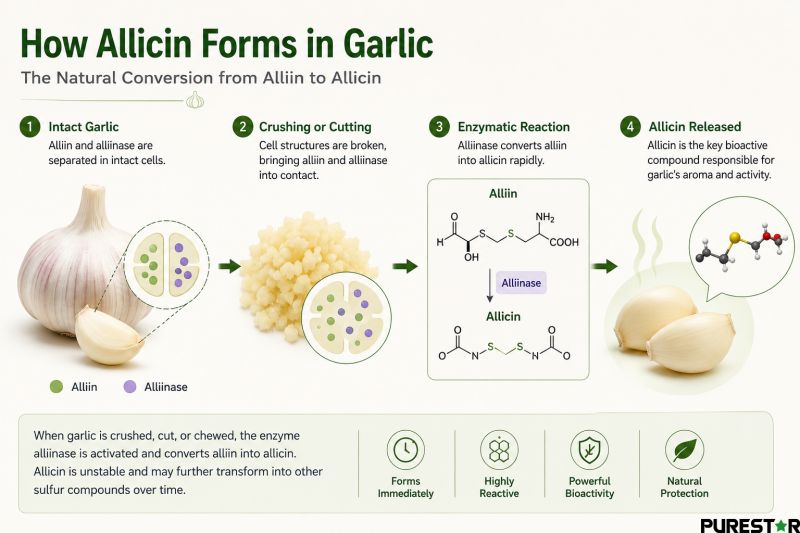 alliin to allicin conversion process garlic enzyme reaction infographic crushed garlic alliinase activation sulfur compound formation scientific illustration